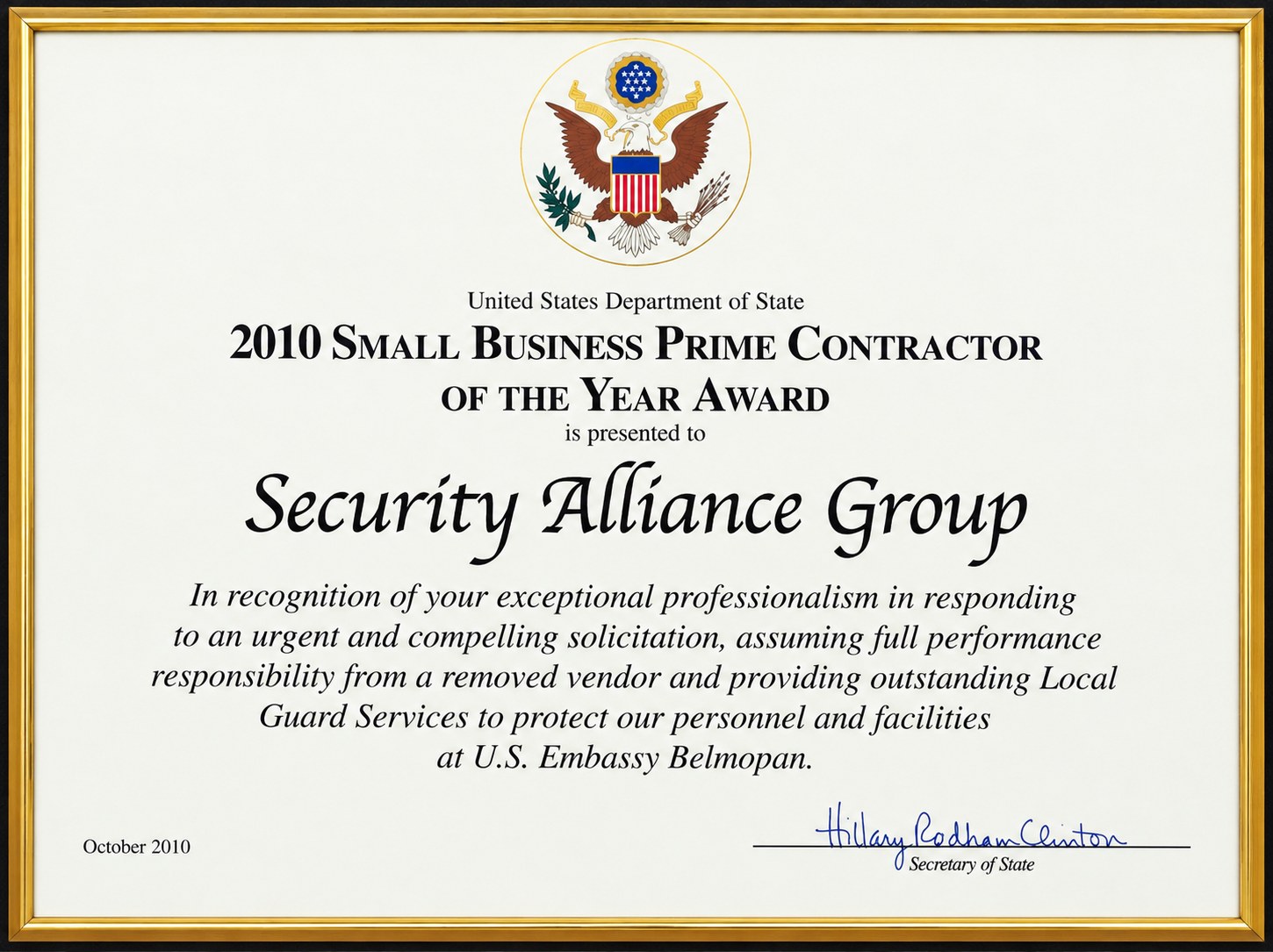 U.S. Department of State Small Business Prime Contractor of the Year certificate awarded to Security Alliance in 2010
