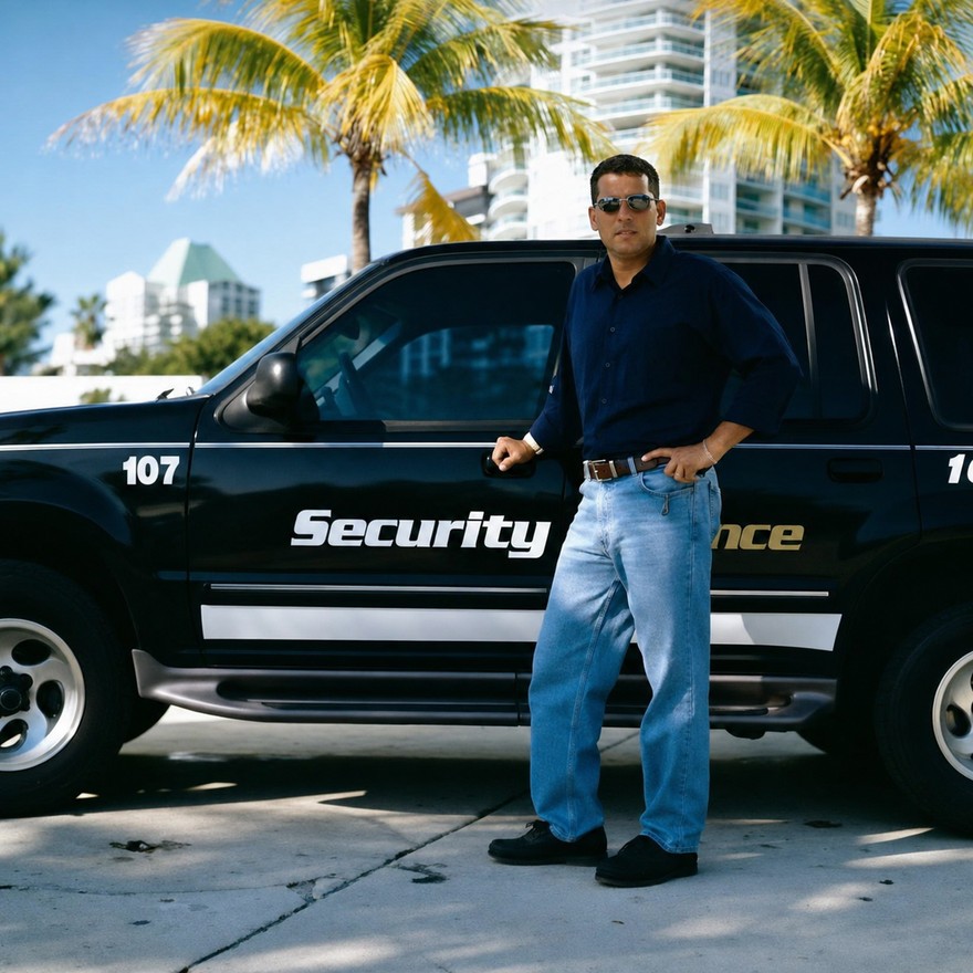 David Ramirez standing beside a marked black Security Alliance SUV, unit 107, with palms and high-rise buildings behind