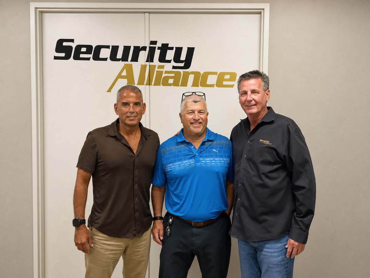 The three original Security Alliance partners standing together in front of the Security Alliance sign at the company's office