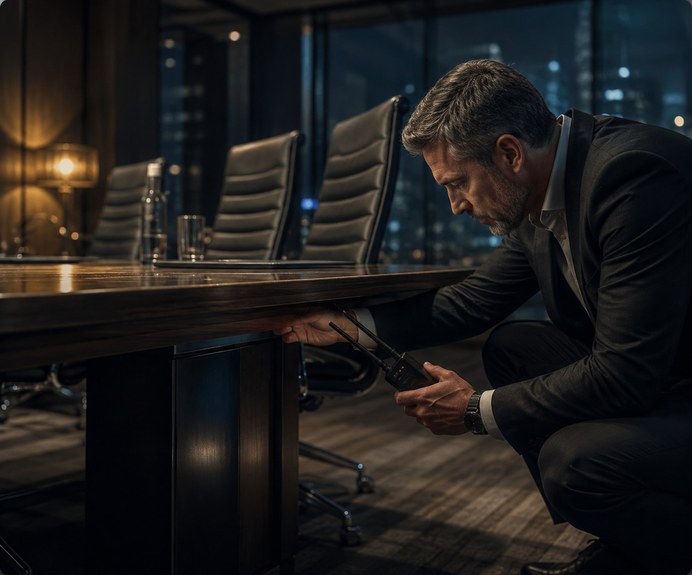 A Security Alliance specialist in a suit, crouched beside a boardroom table at night, sweeping the underside of the table with a handheld radio-frequency detector