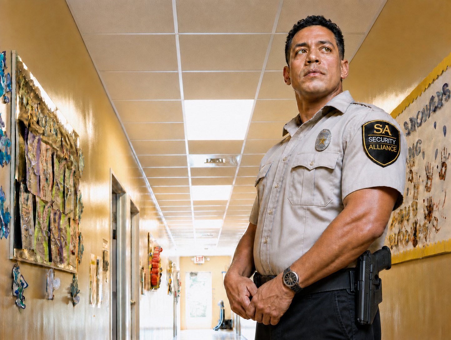 Security Alliance officer on protective duty in a school hallway