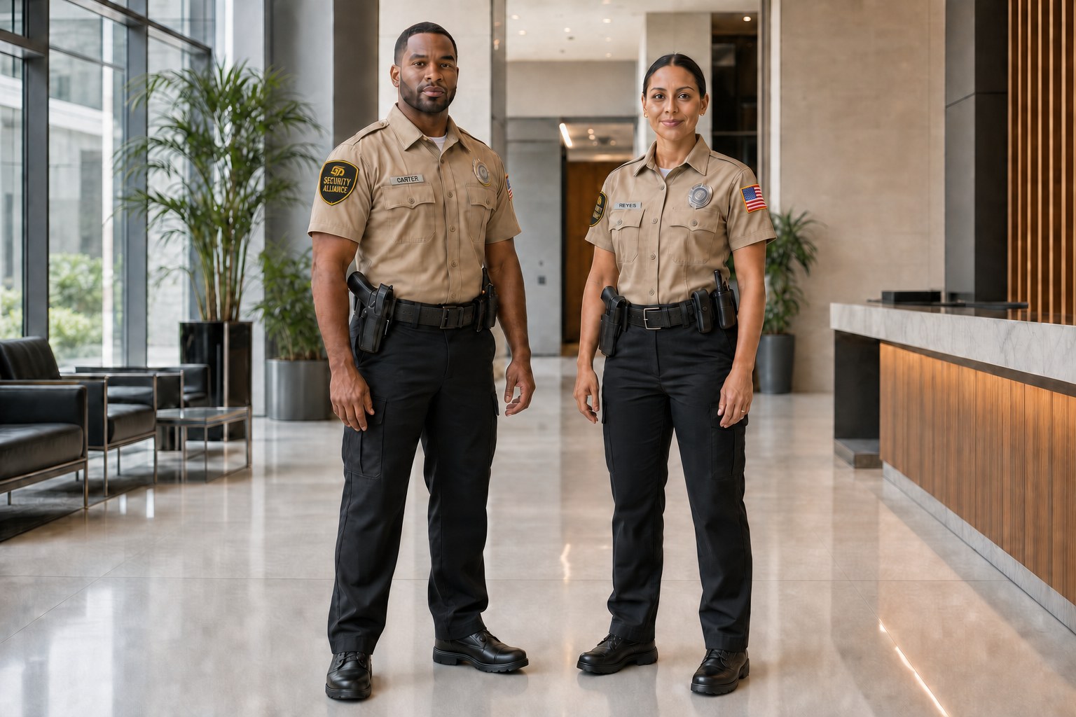 Two uniformed Security Alliance officers posted in a corporate building lobby