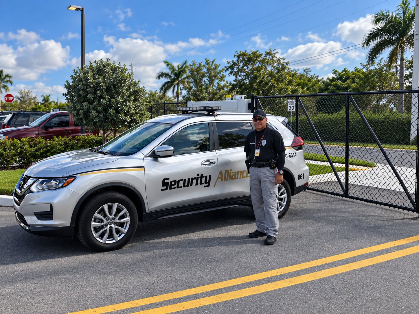 A Security Alliance officer beside a marked patrol vehicle at a gated vehicle entrance