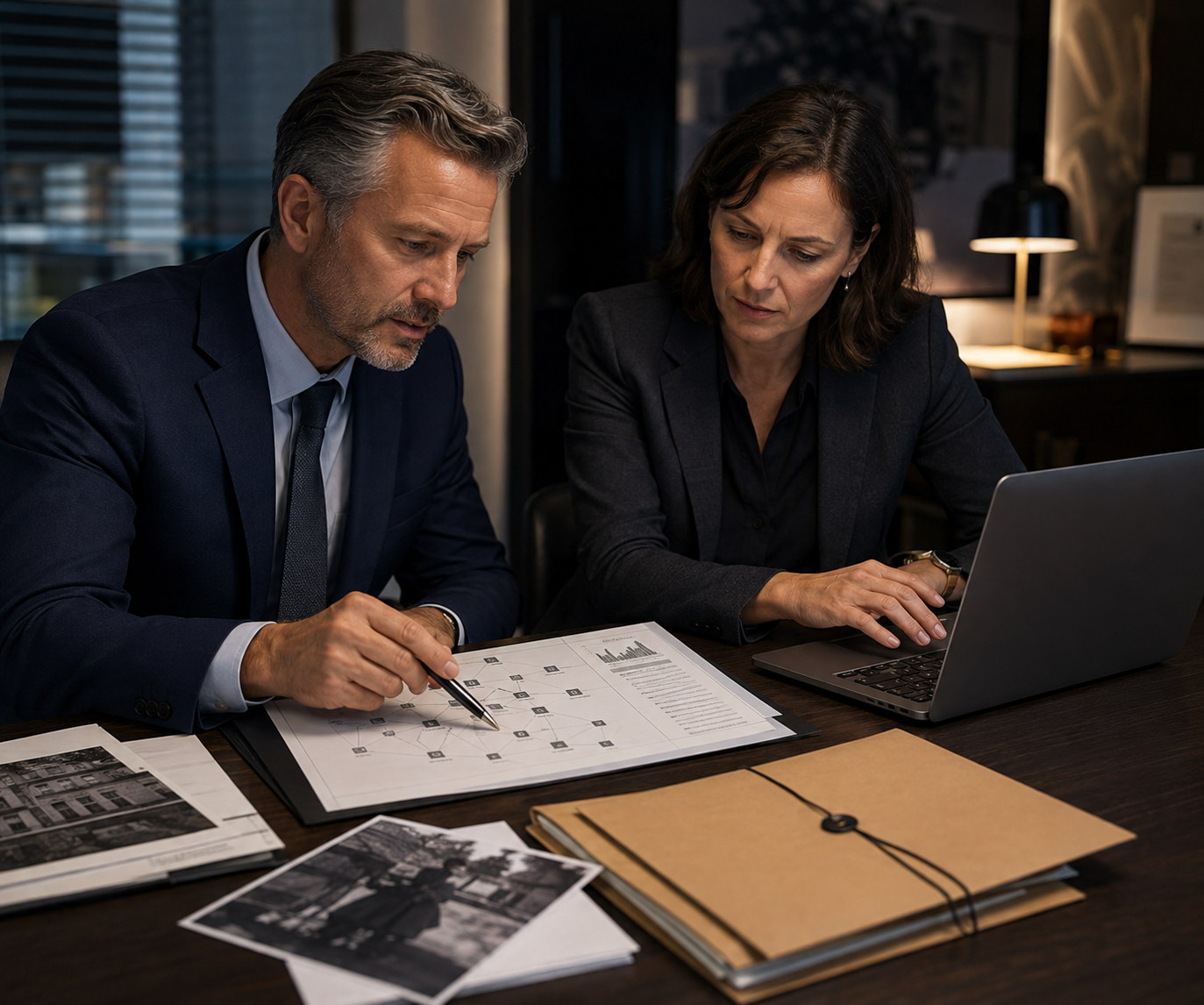 Two Security Alliance investigators at a desk reviewing a printed link-analysis chart, surveillance photographs and case folders alongside a laptop