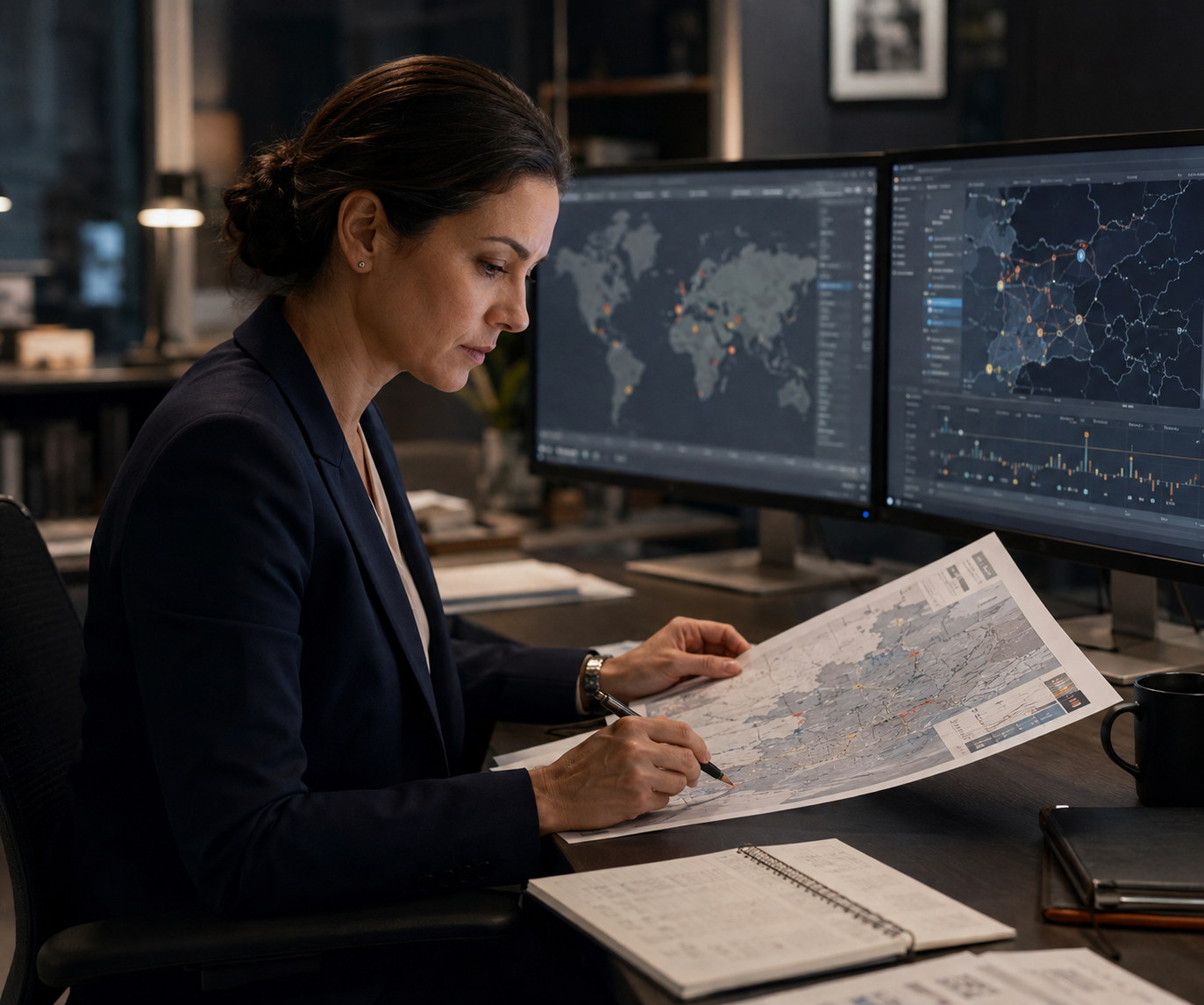 A Security Alliance protective intelligence analyst at a workstation, annotating a printed route map while two monitors display global threat-mapping dashboards