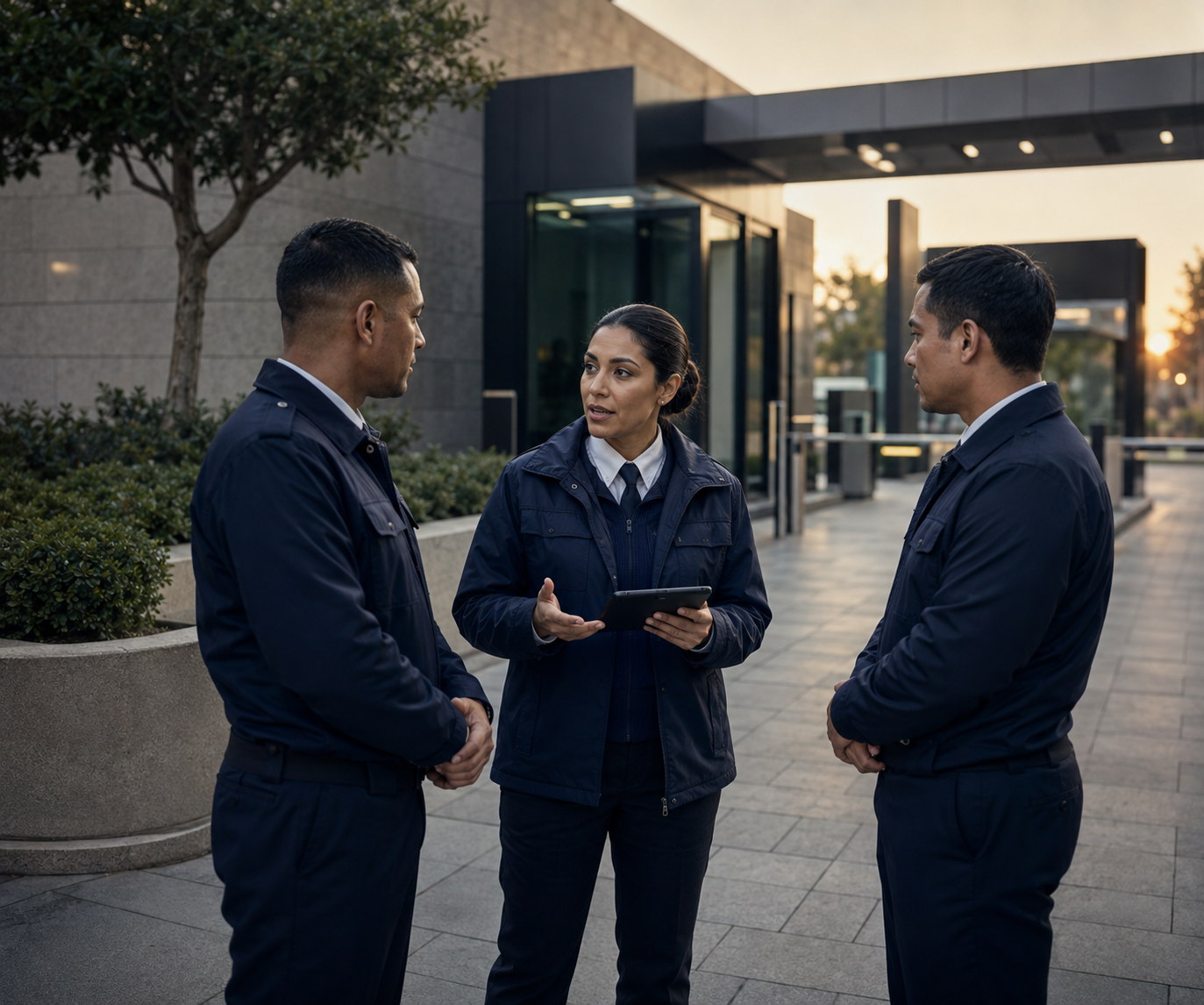 A Security Alliance shift supervisor with a tablet briefing two uniformed officers outside a corporate building entrance at dusk